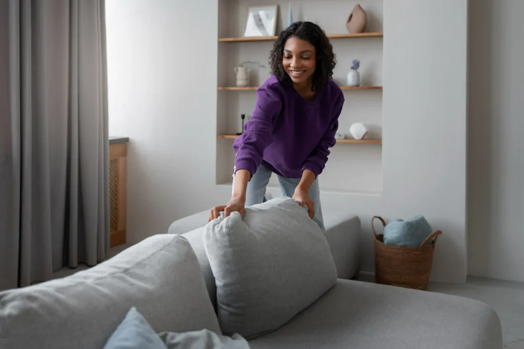 mulher arrumando sofá